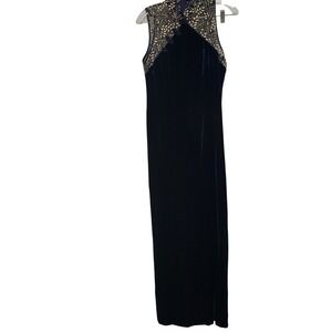 Aspeed Dress Size M Navy Blue Velvet Sheath Gown Embroidered Sheer Collar Formal